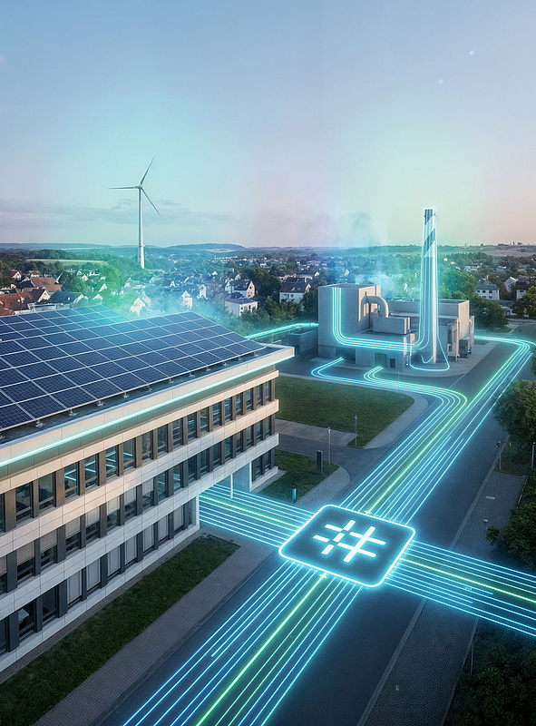 Gewerbegebäude mit Solardach, Windrad und Kraftwerk, verbunden durch eine digitale Netzsteuerung