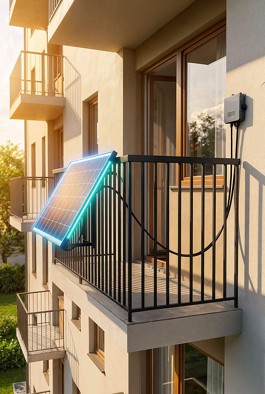 Balkonkraftwerk mit Solarmodul am Geländer eines Mehrfamilienhauses