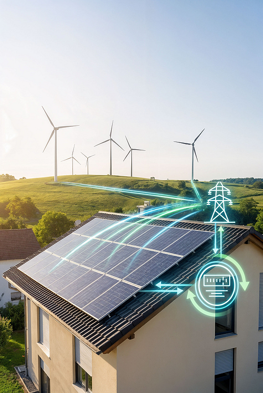 Wohnhaus mit Photovoltaikanlage, die Strom ins Netz einspeist, im Hintergrund Windräder