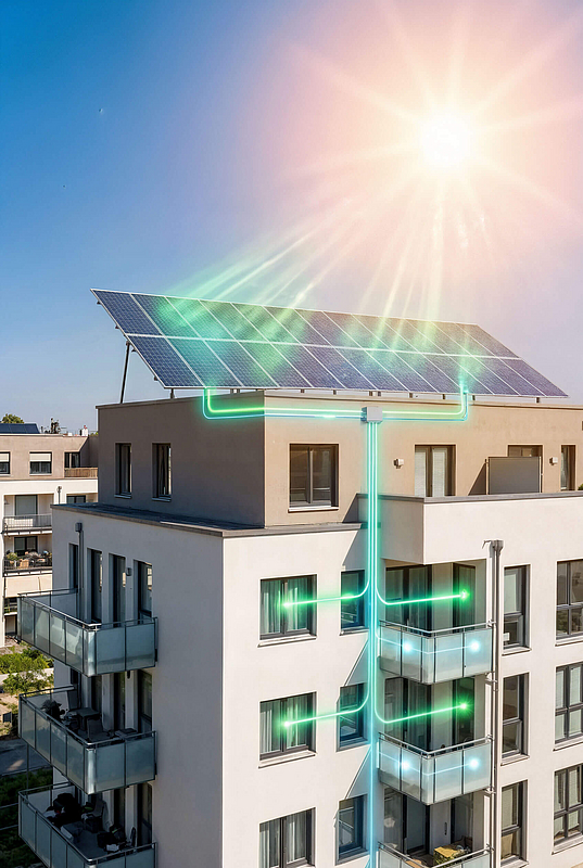 Mehrfamilienhaus mit Solaranlage auf dem Dach, die die Wohnungen mit Strom versorgt